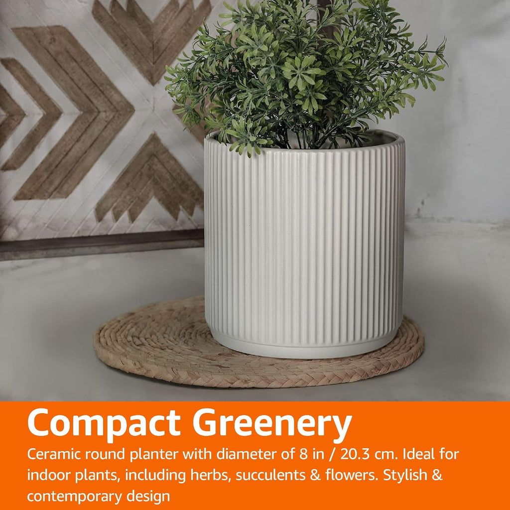 Amazon Basics Fluted Ceramic Planter Pot for Indoor Outdoor Plants, Round Flower Pot with Drainage Hole, 8-inch, White