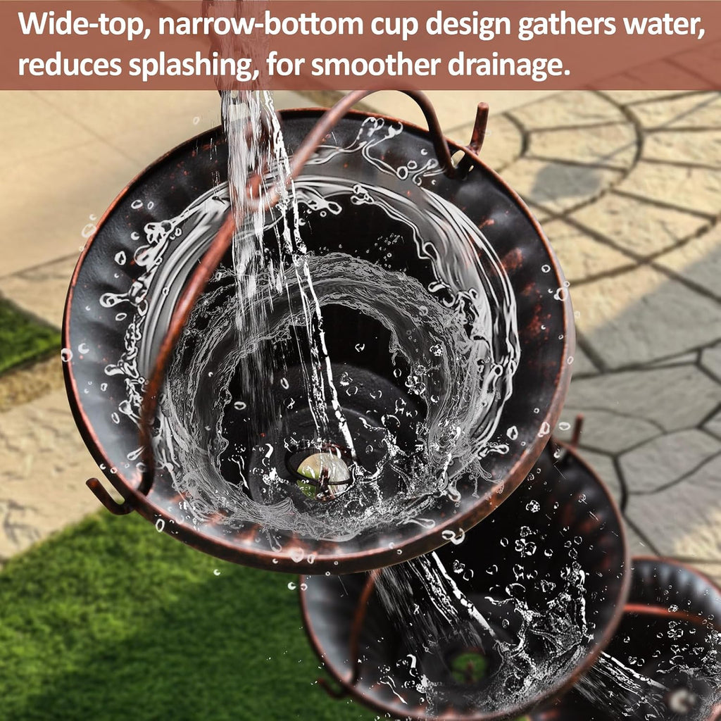 12.4FT Rain Chain for Gutters and Outdoor Drainage with 12 Cups | Iron Red Copper Cup Design, Adjustable Length, Easy