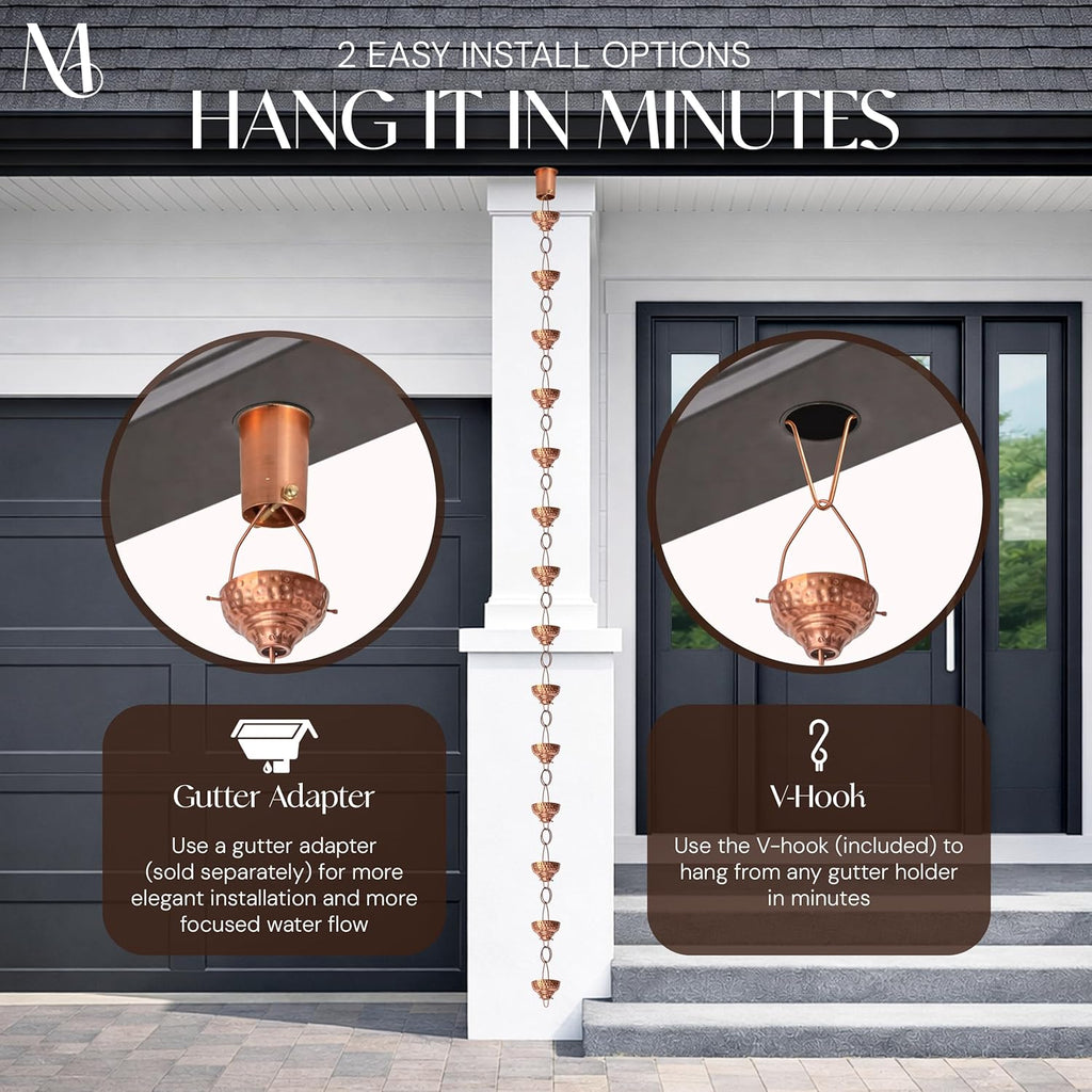 Monarch Rain Chains Pure Copper Eastern Cups Rain Chains for Gutters – 8.5 ft Decorative Rainchain Outdoor Durable