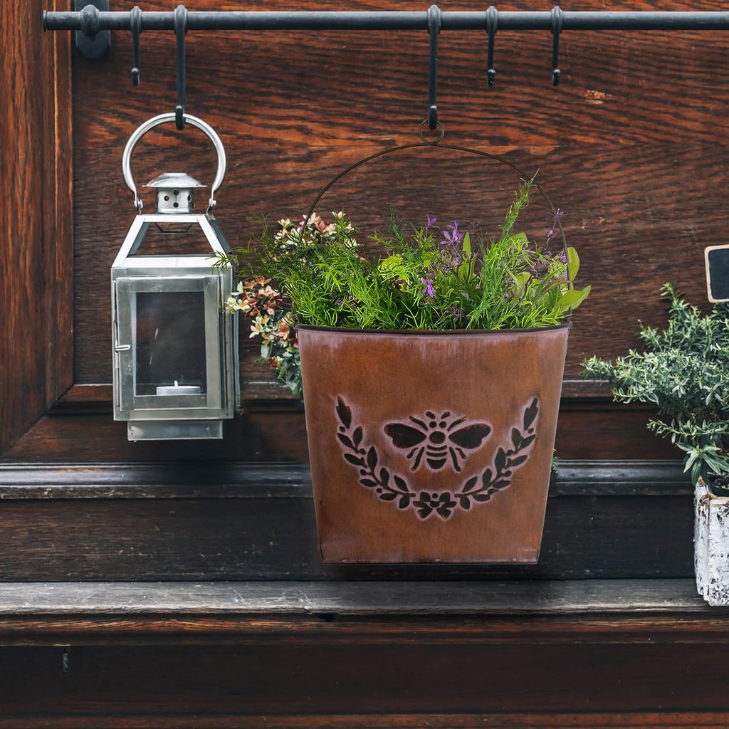 Farmhouse Wall Mount Metal Flower Pots Rustic Galvanized Bee Flower Holder Wall Hanging Pocket Planter for Indoor