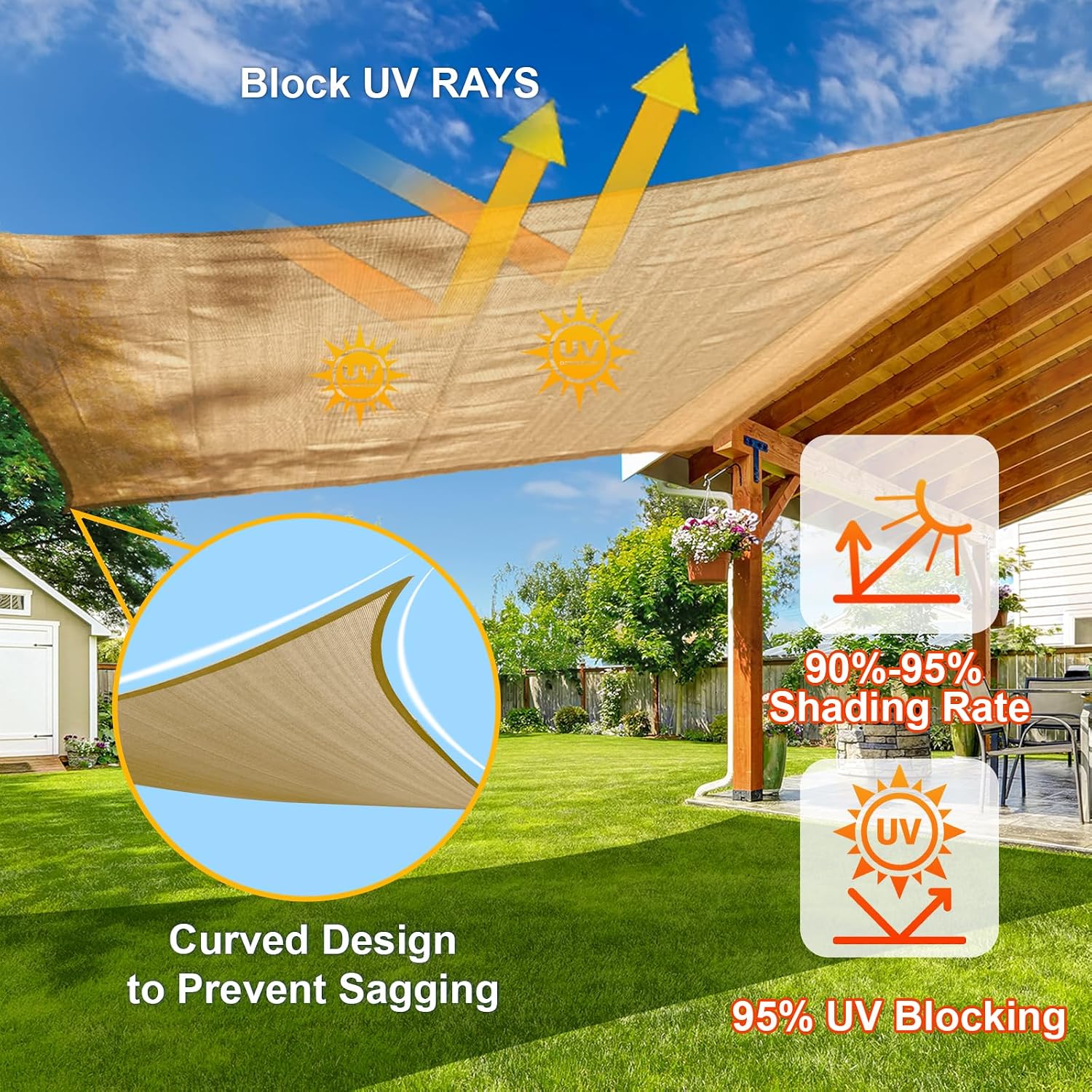 Sun Shade Sail 8' x 10' Sand Rectangle UV Block Shade Cover | Outdoor sun shade sail for backyard, patio, garden, deck