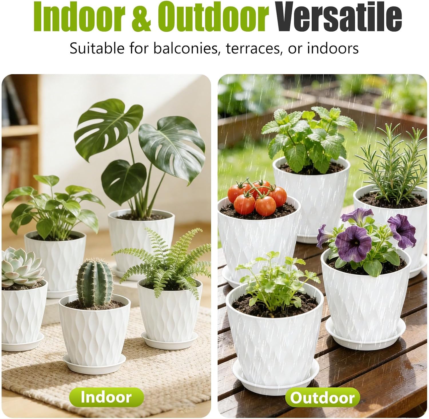 8 Inch Plastic Plant Pots,Set of 5 Flower Pots,Planters with Drainage Holes & Saucers, Indoor Outdoor Garden Pots for