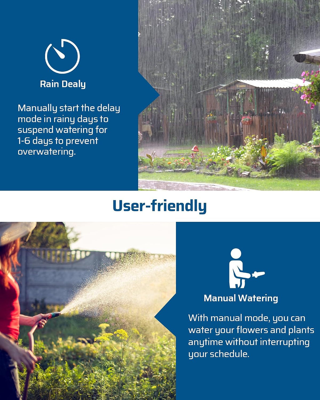 DEWENWILS Sprinkler Timer 4 Zone, with Rain Delay/Manual/AUTO Irrigation | 120Psi Pressure, Independent Control