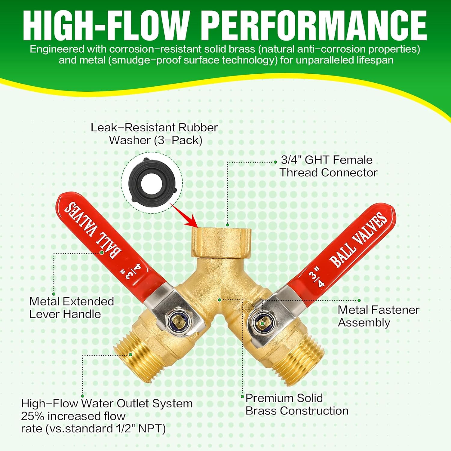 Brass Garden Hose Splitter 2 Way Heavy Duty with Metal Extended Handle | Outdoor Duel Water Hose Splitter, Dual Outdoor