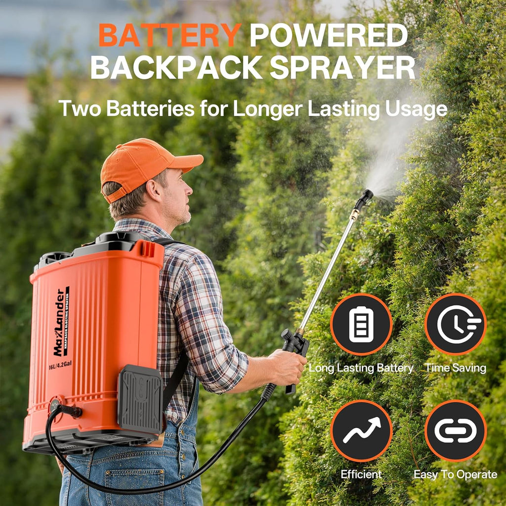 Maxlander 4.2 Gal Battery Powered Backpack Sprayer with 2 x 2.0Ah Battery | 90 Psi Adjustable Pressure, 6 Spray