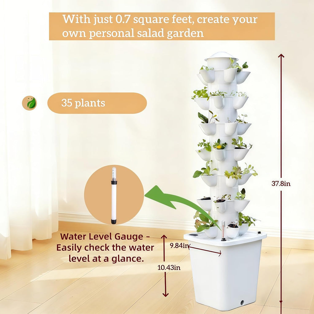 Hydroponic Growing System, 35 Pods Vertical Garden Tower with Auto Timer | 7-layer hydroponic tower with 35 pods, auto