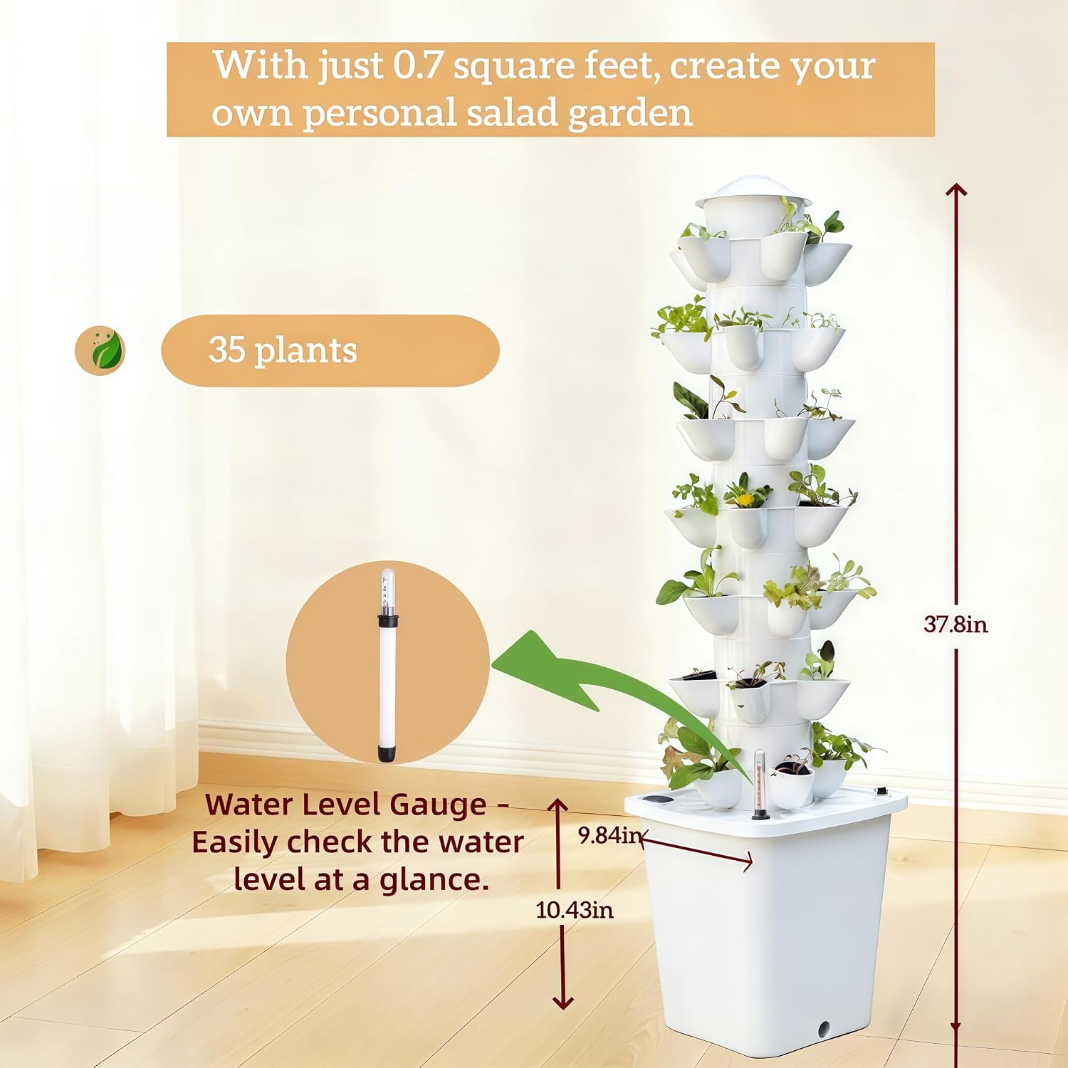Hydroponic Growing System, 35 Pods Vertical Garden Tower with Auto Timer | 7-layer hydroponic tower with 35 pods, auto