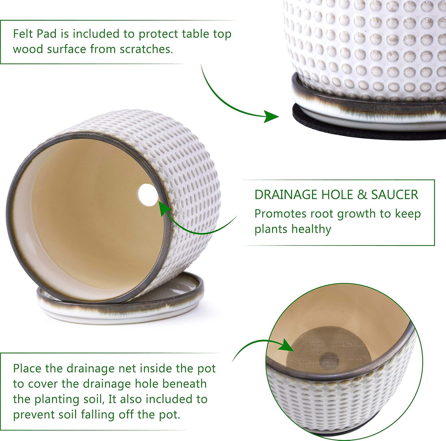 D'vine Dev Beaded Ceramic Pot with Saucer, 6 in, Smoked White, 27-C-X-1 | Embossed Dot Texture, Smooth Glazed Finish