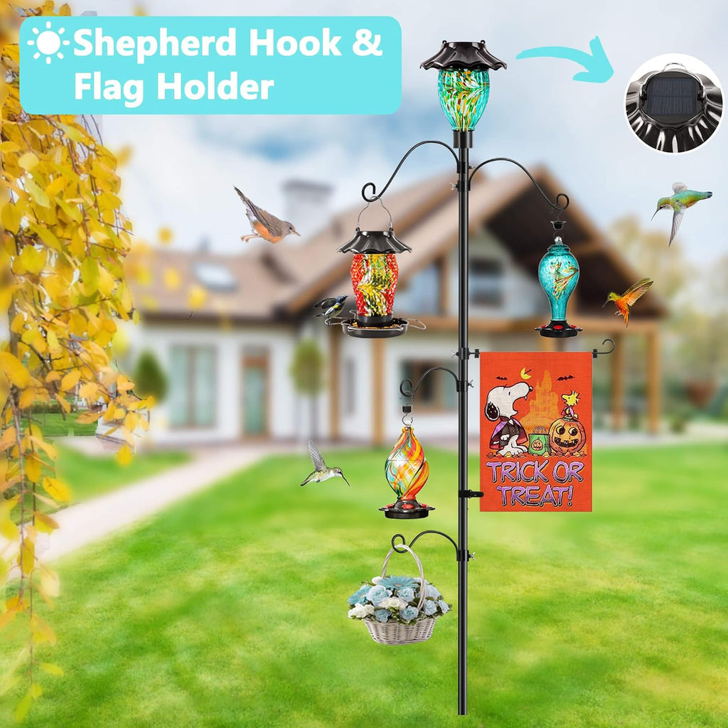 LUJII Solar Shepherds Hooks for Outdoors, Bird Feeder Pole with 4 Adjustable Hangers and 1 Flag Holder, Garden Stand