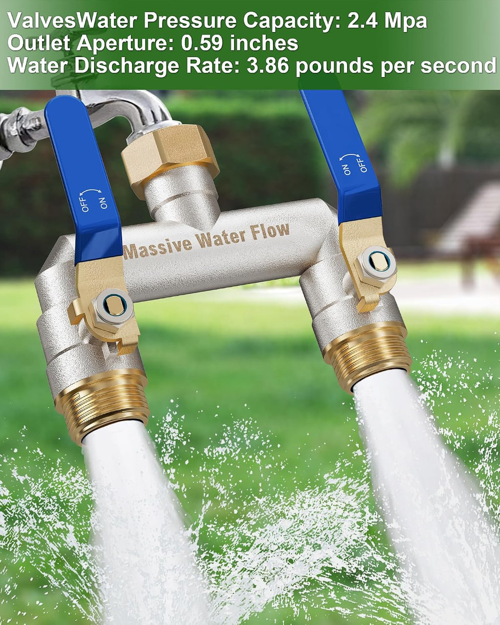 Hose Splitter 2 Way Heavy Duty, Brass Garden Hose Splitter | 304 Stainless Steel Long Handle, Full Flow Nickel Plated