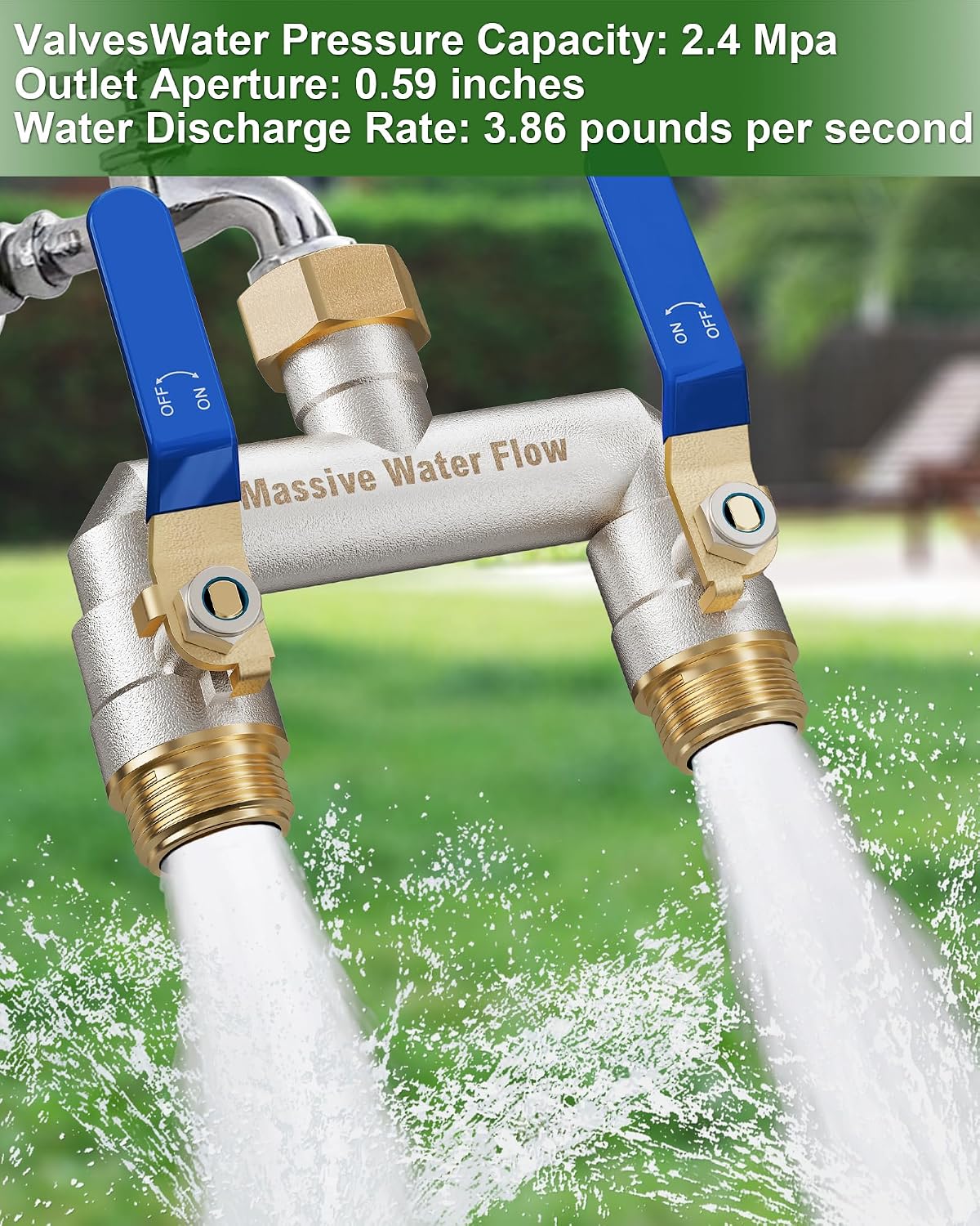 Hose Splitter 2 Way Heavy Duty, Brass Garden Hose Splitter | 304 Stainless Steel Long Handle, Full Flow Nickel Plated