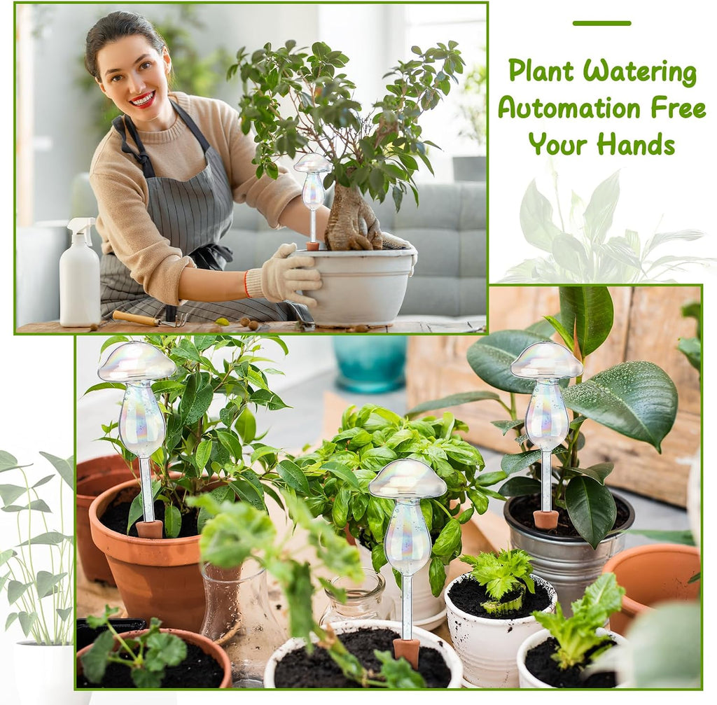 6 Pcs Non-Clogging Plant Watering Globes, Slow Release Mushroom Self Watering Planter Insert, Laser Automatic Glass