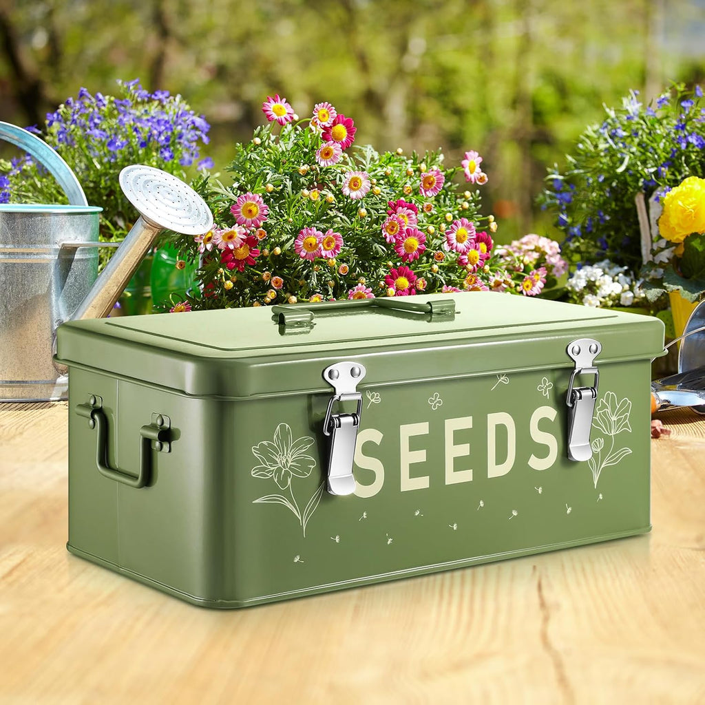 Seed Storage Organizer Box with 4 Compartments, Metal Seed Saving Container with Lockable Lid and Safety Locks
