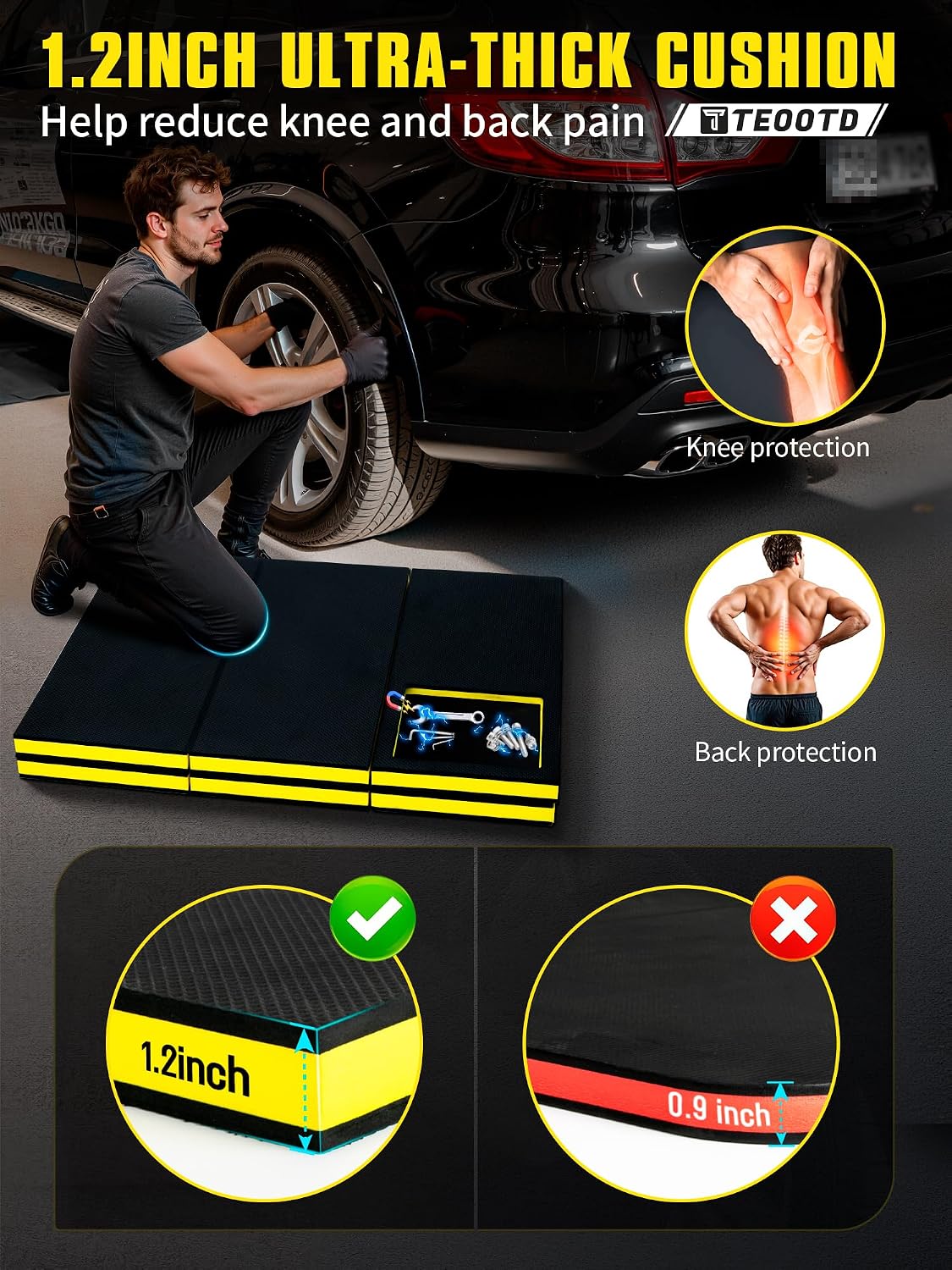 1.2" Extra Thick Foldable Mechanic Mat, Kneeling Pad with Magnetlc Tool Compartment, Waterproof Comfortable EVA Mat