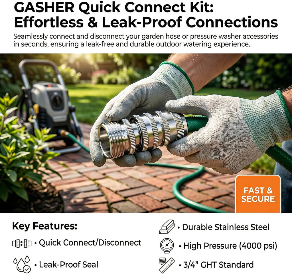 GASHER 5PCS Stainless Steel Quick Connect Kit, 3/4 Inch GHT Female Coupling for Garden Hose, Irrigation