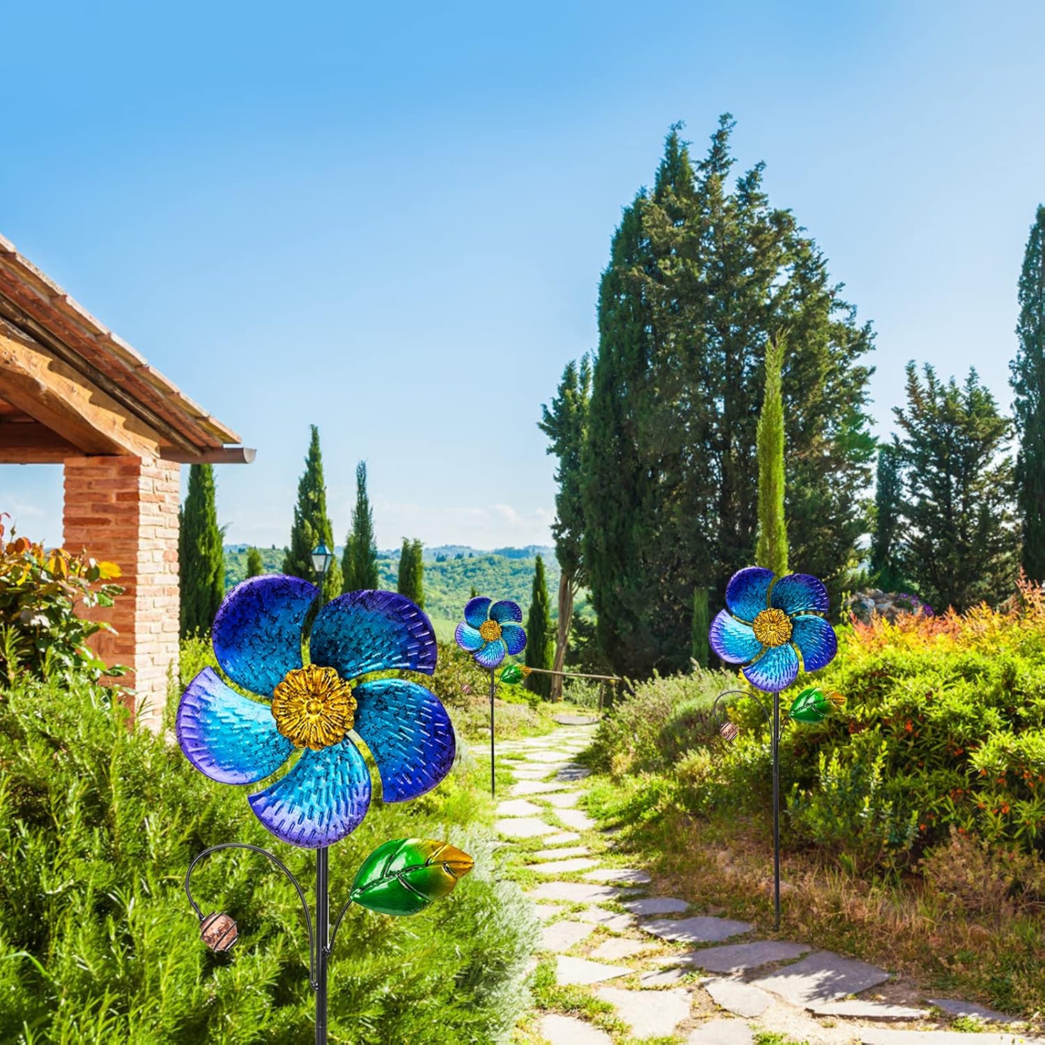 Viveta 2 Pack Wind Spinners with Metal Stake, Outdoor Garden Pinwheels | Blue Flower Shape Design Garden Spinners for