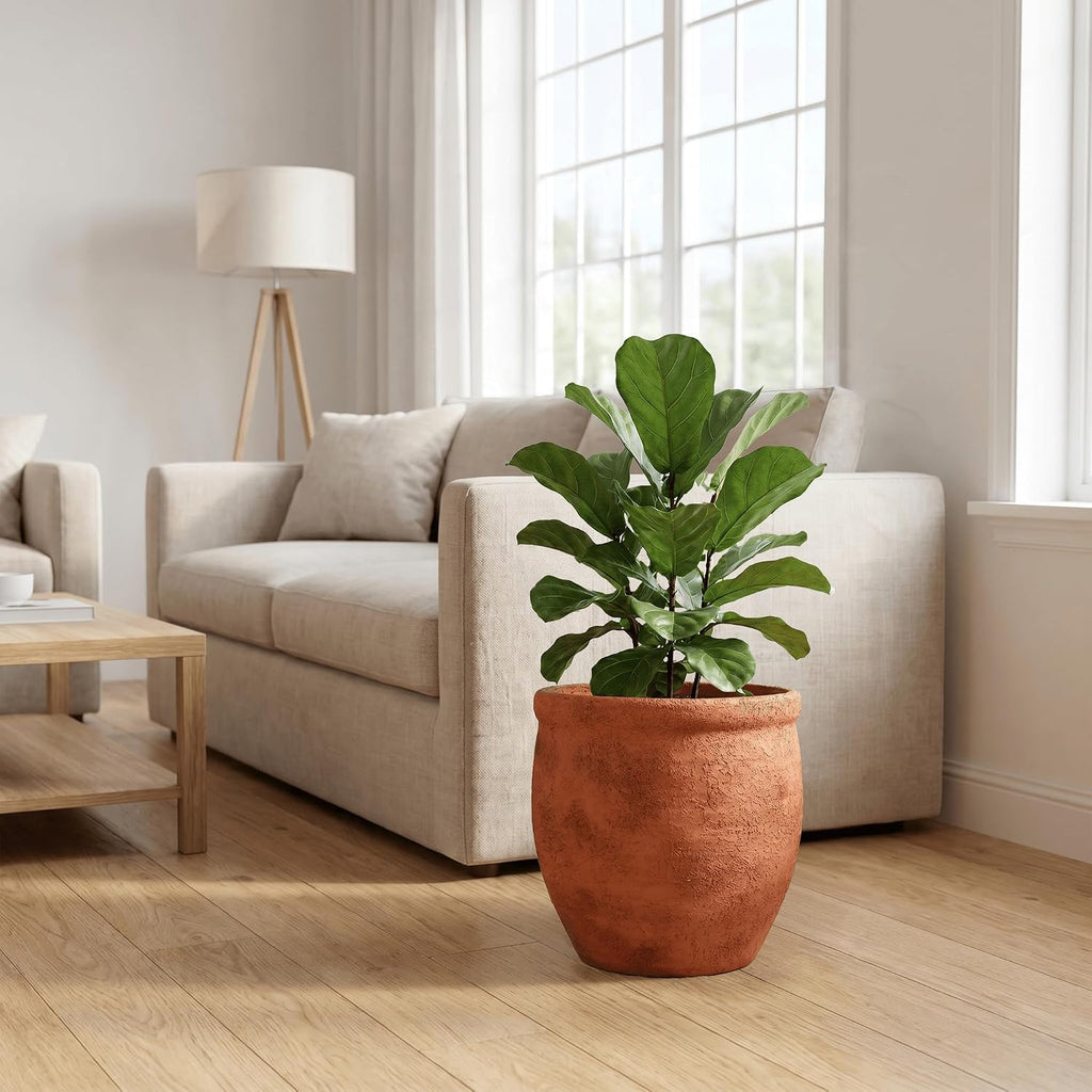 12" Dia Fiberstone Planter – Distressed Terracotta Flower Pot with Textured Matte Finish & Drainage Hole, Rustic Indoor