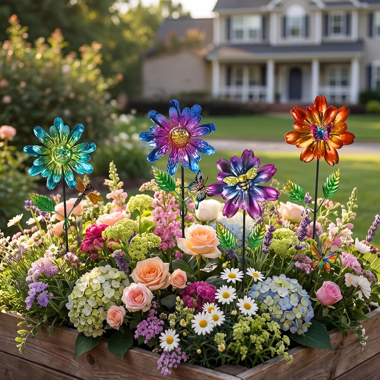 Calenzana Metal Flower Garden Stakes for Outside Set of 4, Flower Garden Decor with Shaking Head for Yard Porch Lawn