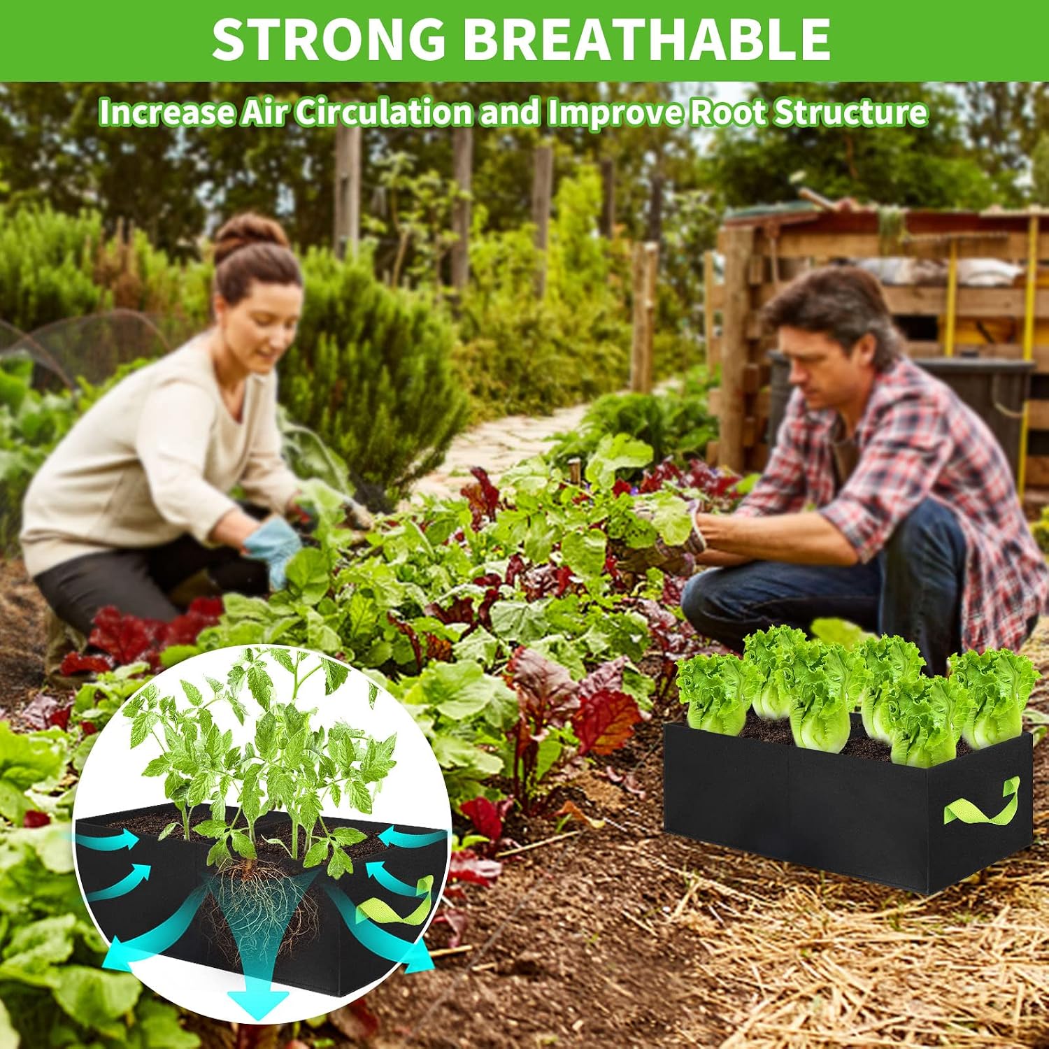 ANGELIOX 2Pcs Grow Bags, 3-Grids Rectangle Grow Bag,14 Gallon Thickened 400G Fabric Garden Bed, Nonwoven Square Flower