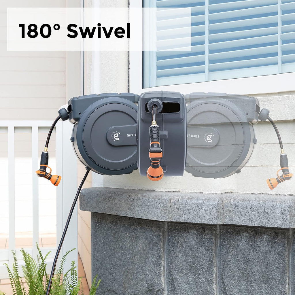 Giraffe Tools Retractable Garden Hose Reel 1/2"130FT Metal Bracket | Any Length Lock,Auto Rewind System,Wall Mount,180°