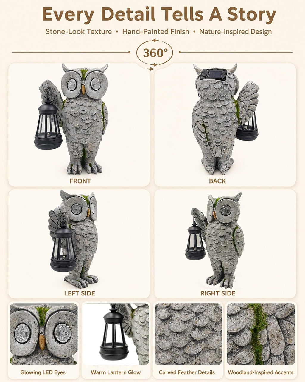 Solar Owl Garden Statue, Stone-Look Resin with Lantern | Glowing Eyes Auto Dusk Lighting Hand-Painted Finish