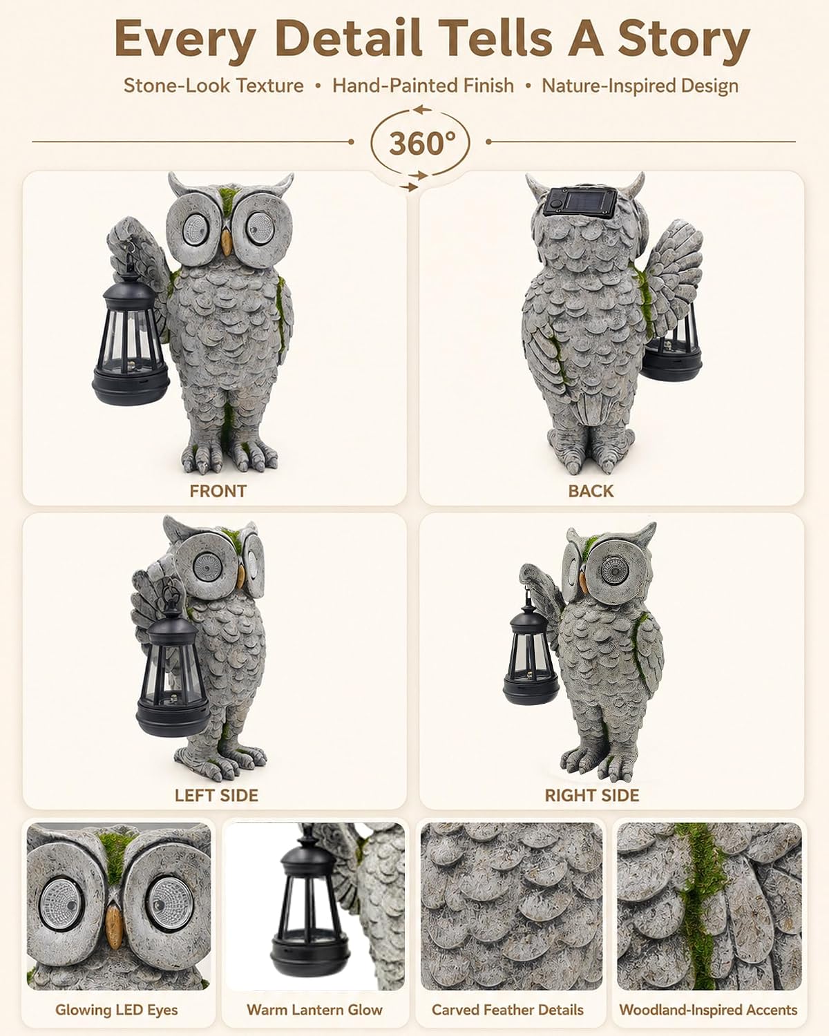 Solar Owl Garden Statue, Stone-Look Resin with Lantern | Glowing Eyes Auto Dusk Lighting Hand-Painted Finish