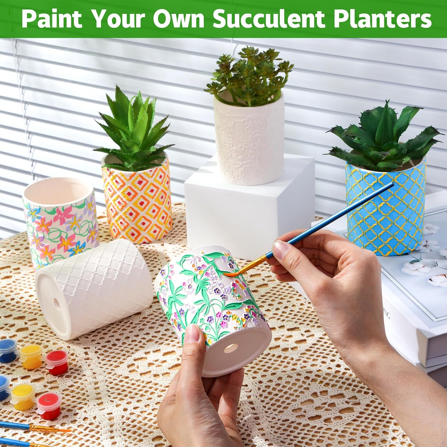 Zubebe 12 Pcs Paint Your Own Ceramic Pots Bulk Unfinished Succulent Pots Craft Kit with Drainage Hole Mini Paintable