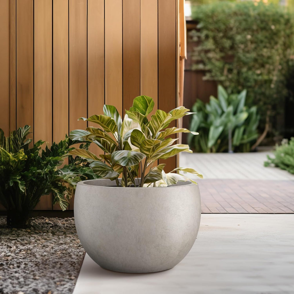 Kante Accent Round Bowl Weathered Concrete Planter 14.8" Dia, Outdoor | Rubber Plug for Indoor, Drainage for Garden