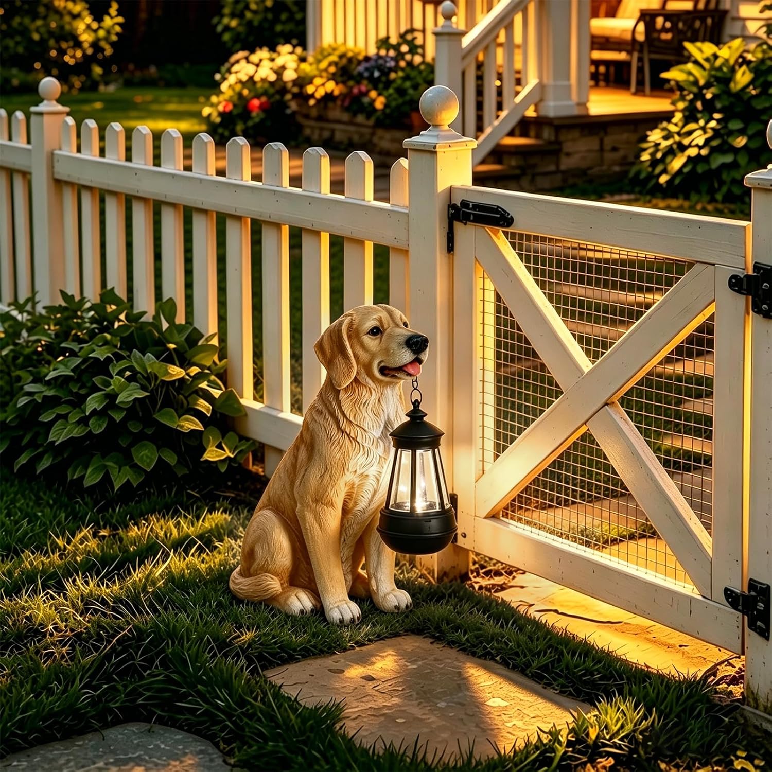 Solar Dog Statue Garden Decor, Golden Retriever Dog Statues Solar Lights | Outdoor Resin Labrador Figurine Holding