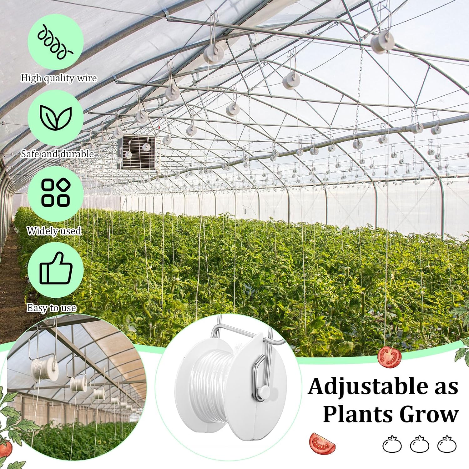 Novabright 50 Pack Tomato Support Hooks with 49 Feet String and 100 Pcs Clips Greenhouse Trellis Roller Tomato Hooks