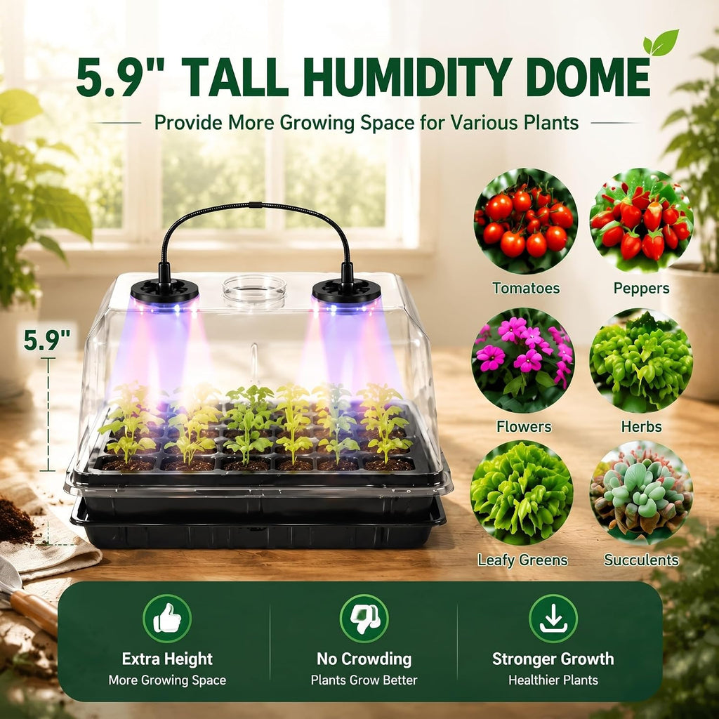 2 Sets 60-Cell Seed Starter Trays with Grow Lights, Heat Mat and Dome | 70-80°F Stable Warmth, Full-Spectrum Lighting
