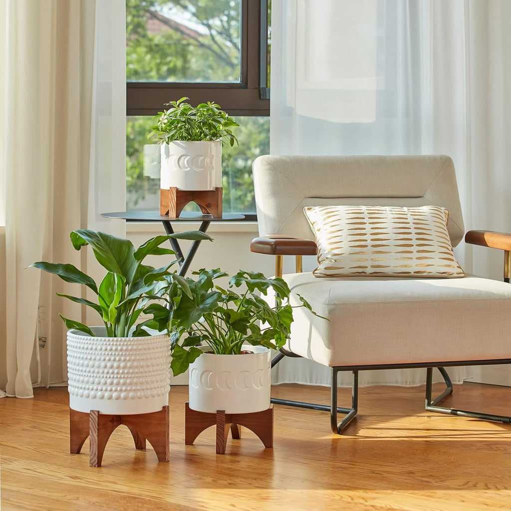 LA Jolie Muse Ceramic Pot for Plants, 8 Inch Indoor Planter with Stand | Hobnail Patterned Flower Pot with Wood Stand