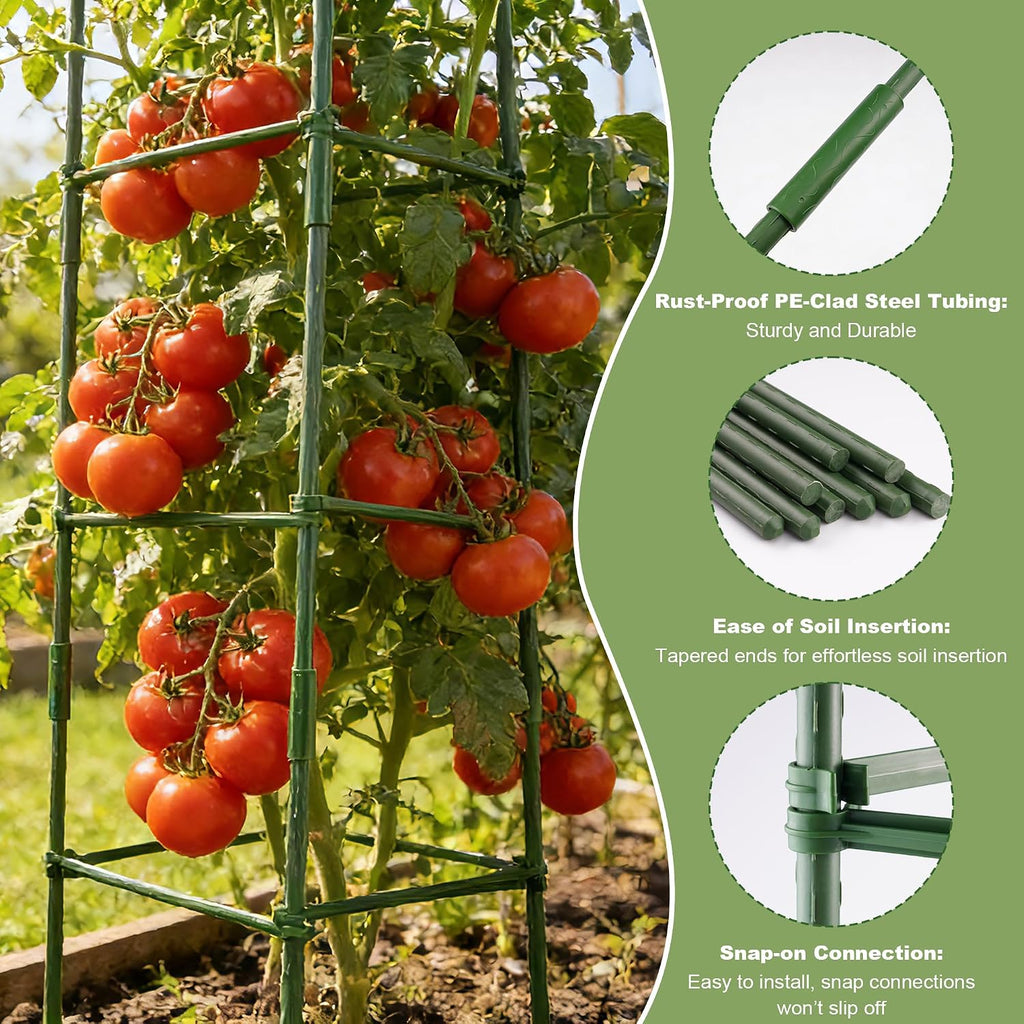 6-Pack 48'' (4ft) Tomato Cages & Trellis – Outdoor Garden Adjustable Plant Support & Stakes for Home Gardeners, Raised