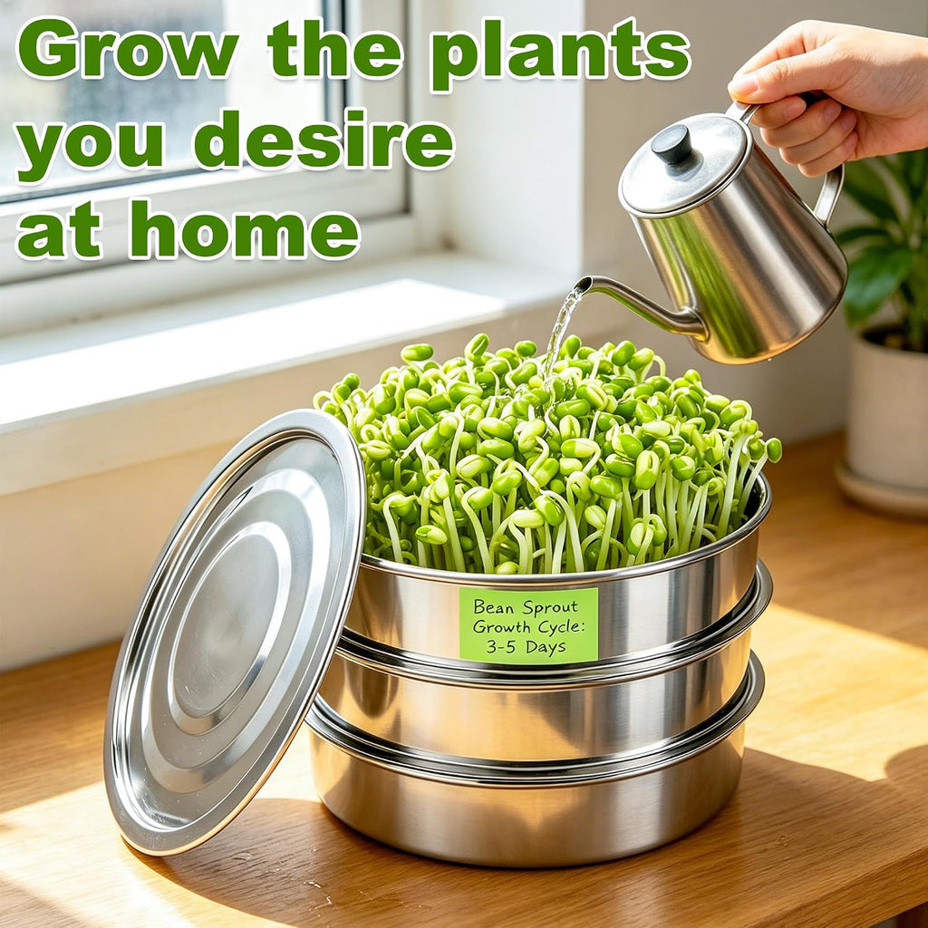 AKAZA 9 Inch Stackable Stainless Steel 3-Tier Mesh Seed Sprouting Kit | 1 Base and 1 Cover Lid with Pen, Brush and