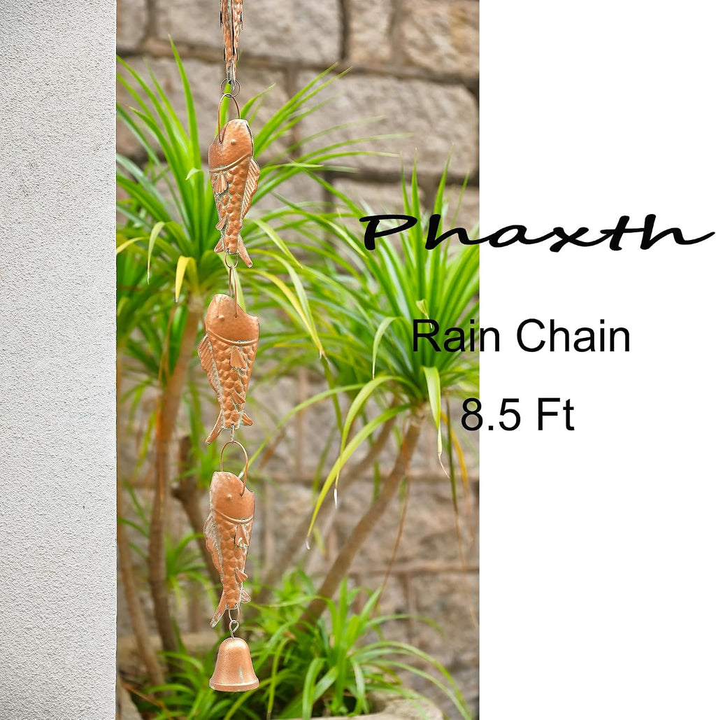 Copper Patina Rain Chain with Rainbow Trout for Heavy Rain, Functional and Decorative Replacement Downspout Chain for