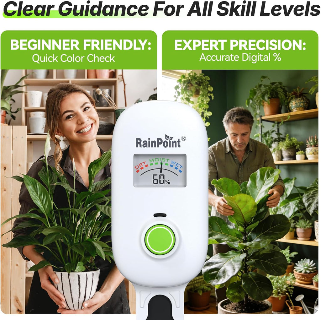 RAINPOINT Smart Soil Moisture Meter,Visual Gauge, Optional WiFi Hub for App | Leave-In Wireless Soil Moisture Sensor