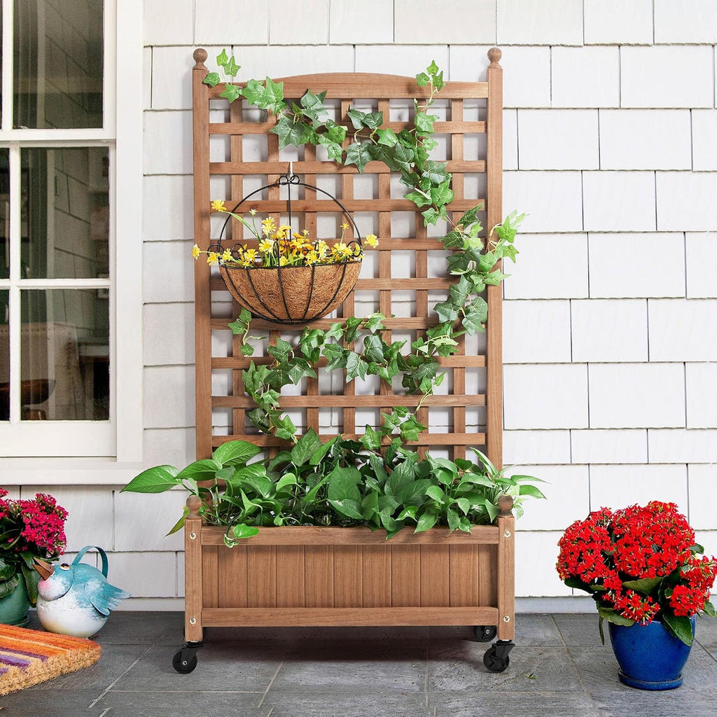 Yaheetech Planter Box with Trellis 50" Rolling Raised Garden Bed on Wheels | Rolling planter with trellis supports