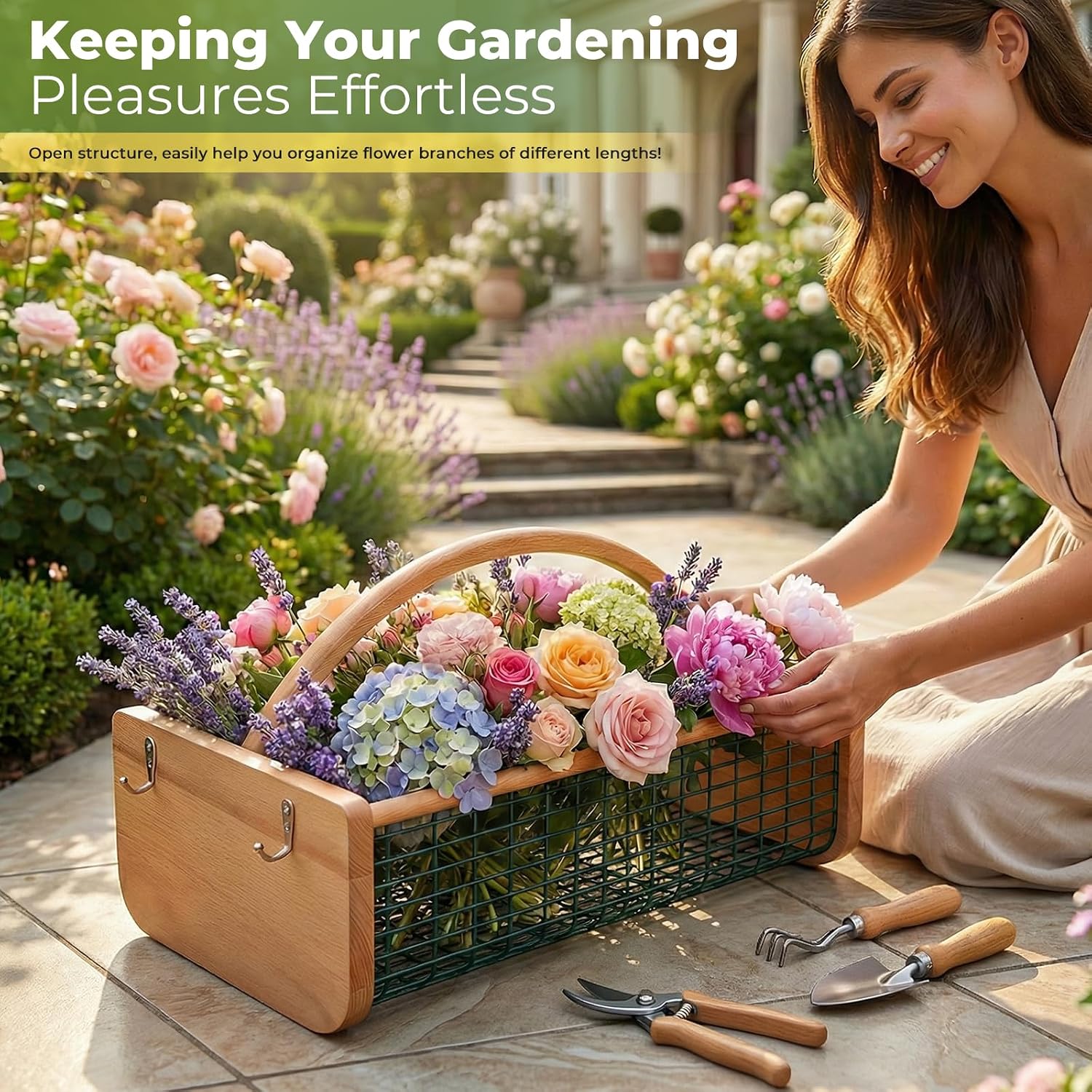 Garden Hod Harvest Basket - Durable Wooden Harvesting Basket with Metal Mesh for Vegetable Picking and Gathering