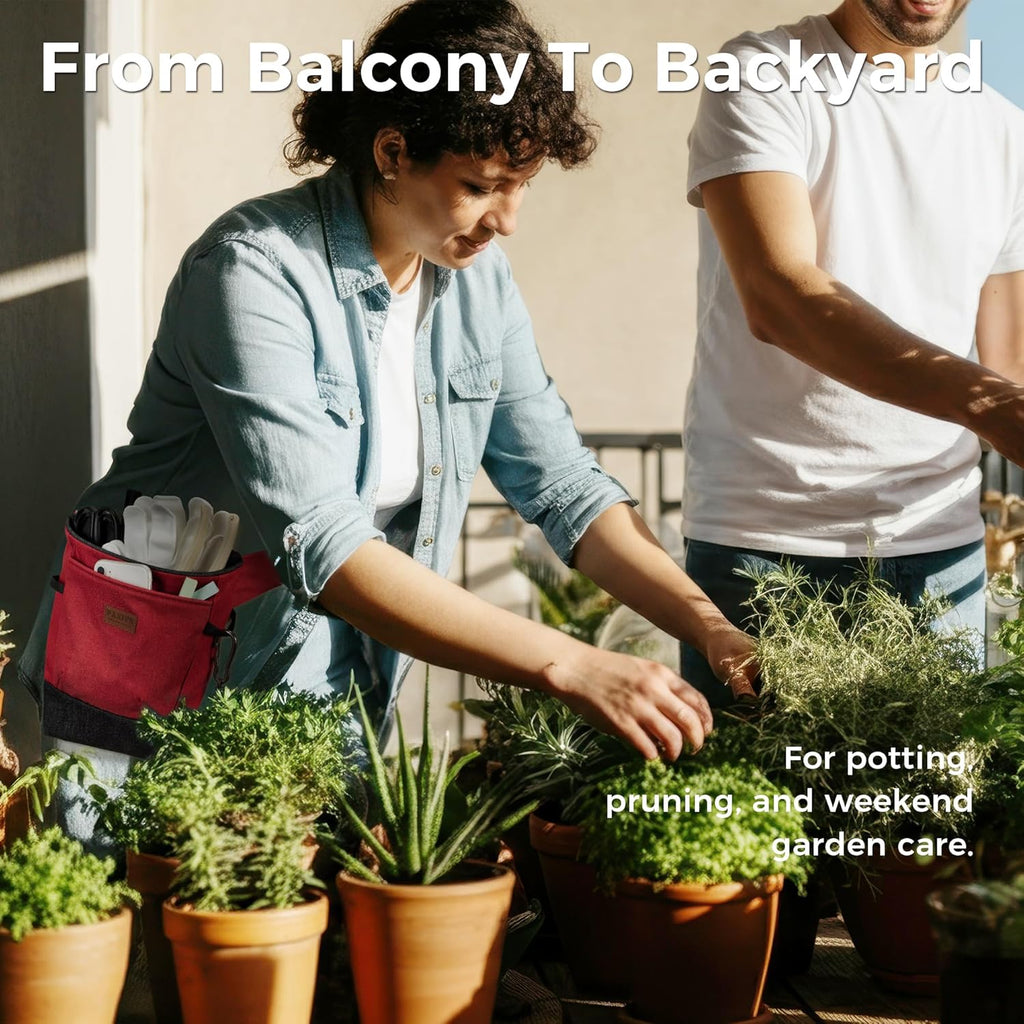 Garden Tool Belt for Women & Men, Burgundy Red Denim Apron with Pockets, Structured Opening, 2 Large Pockets + 2 Inner
