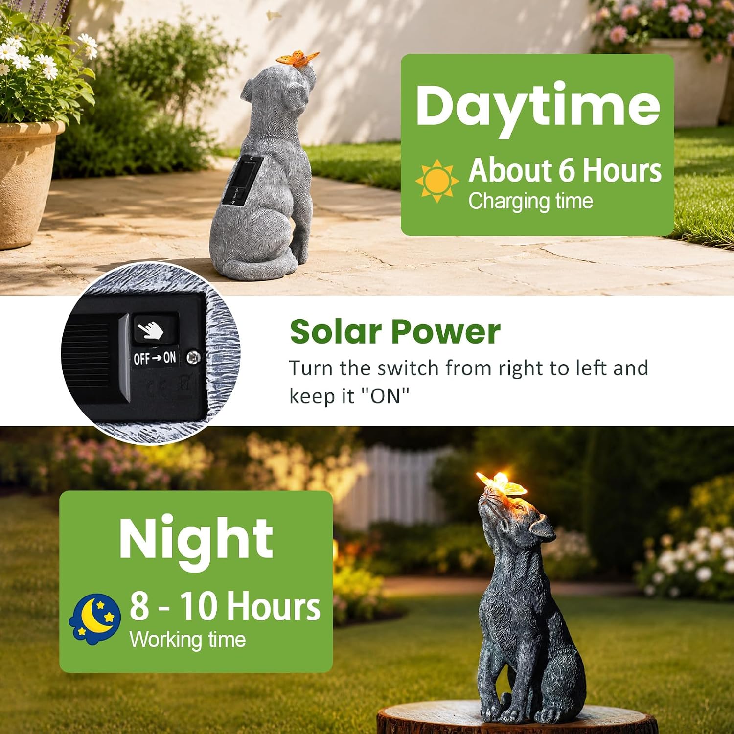 Dog Statue with Solar Butterfly Garden Decor | Ideal gifts for mom, dad or birthdays, beautifully crafted outdoor