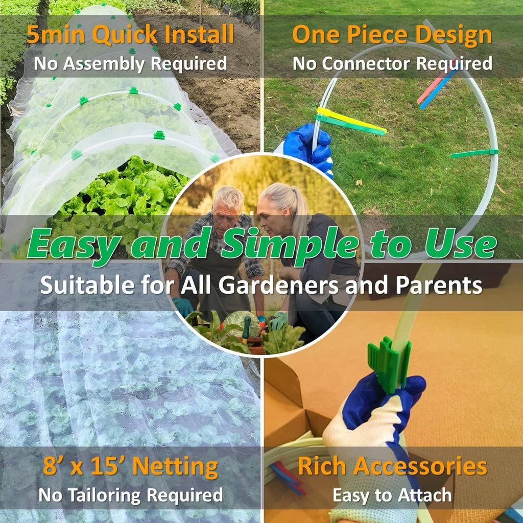 Garden Mesh Netting Kit, Super Bendable Fiberglass Greenhouse Hoops with Ultra-Fine Pest Barrier for 2-4ft Wide Raised