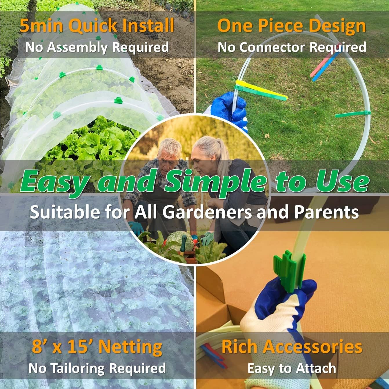 Garden Mesh Netting Kit, Super Bendable Fiberglass Greenhouse Hoops with Ultra-Fine Pest Barrier for 2-4ft Wide Raised
