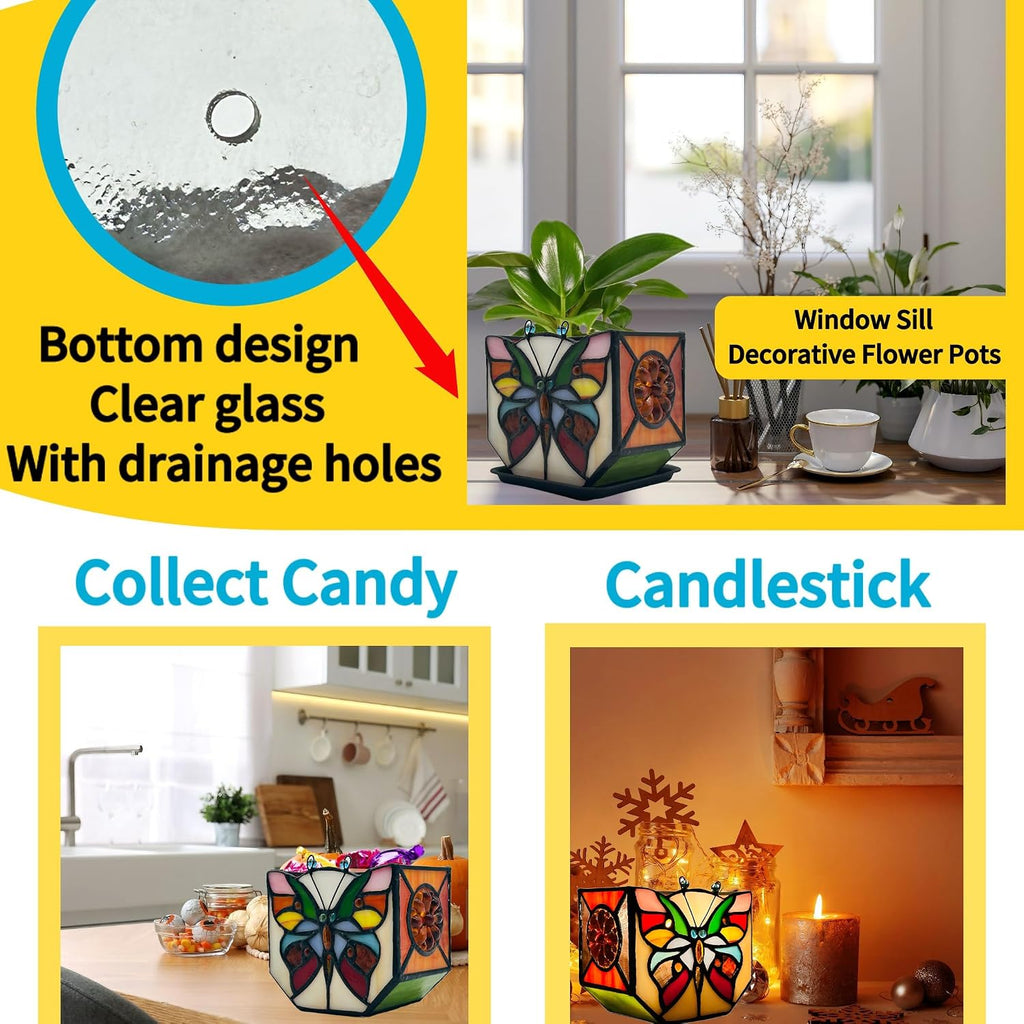 Handcrafted Stained Glass Butterfly Planter, Cute Planters for Indoor Plants,Decorative Indoor Flower Pot, Cactus Pot