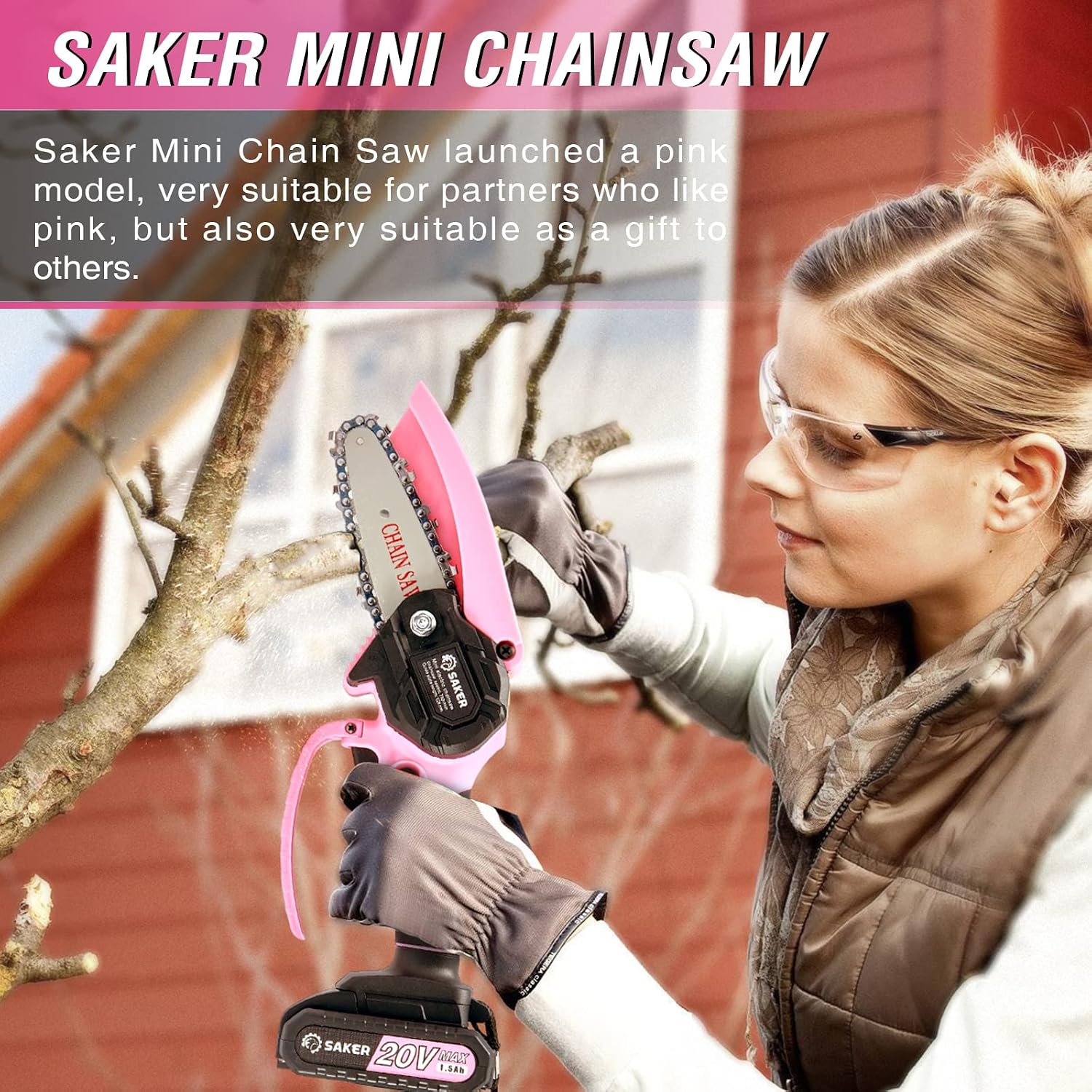 Saker Mini Chainsaw Cordless Pink,2PCS Batteries and 3 PCS Chains | Portable Electric Mini Chainsaw Cordless,Handheld