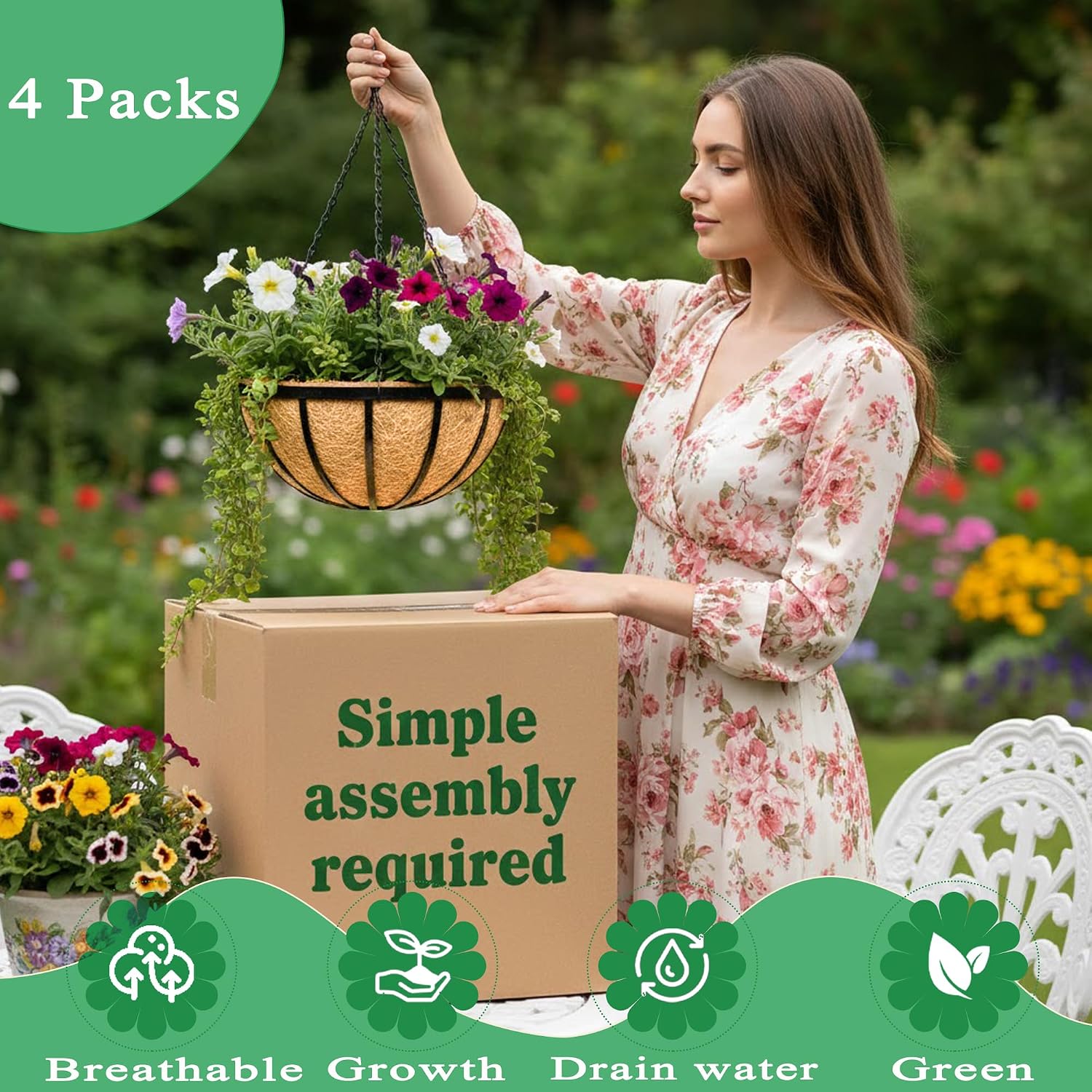 4 Pack 14 Inch Hanging Planters for Outdoor Plants Metal Hanging Planter Basket with Coco Coir Liner Round Plant Black