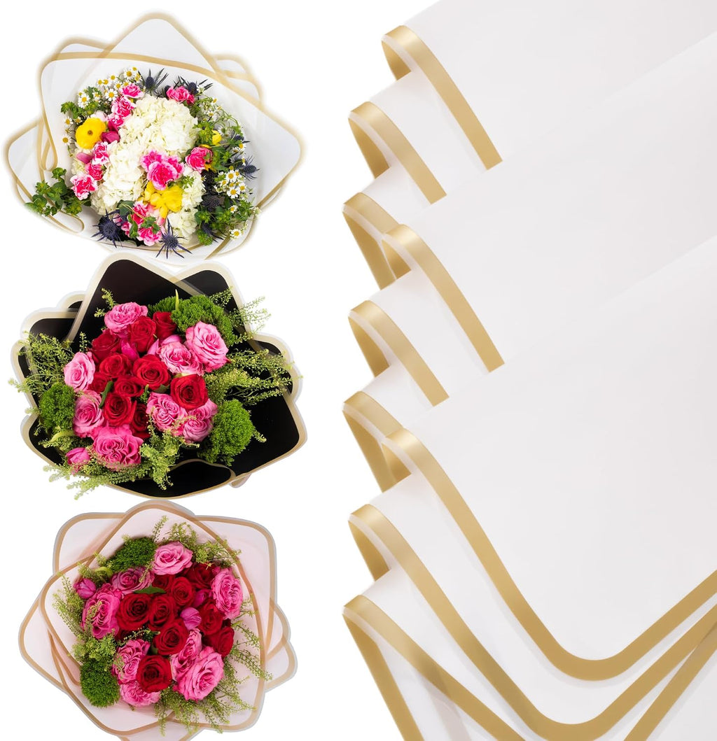 the florist Supply 20 Sheets Premium Flower Wrapping Paper | Waterproof Flower Wrapping Paper for Bouquets | Double Sided Floral Bouquet Sheets | DIY Gifts Rocio White/Gold