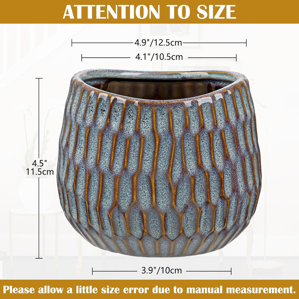Oairse Small Ceramic Pots for Plants, 4.9 inch Blue Plant Pot Indoor with Drainage Ceramic Planters for Indoor Plants