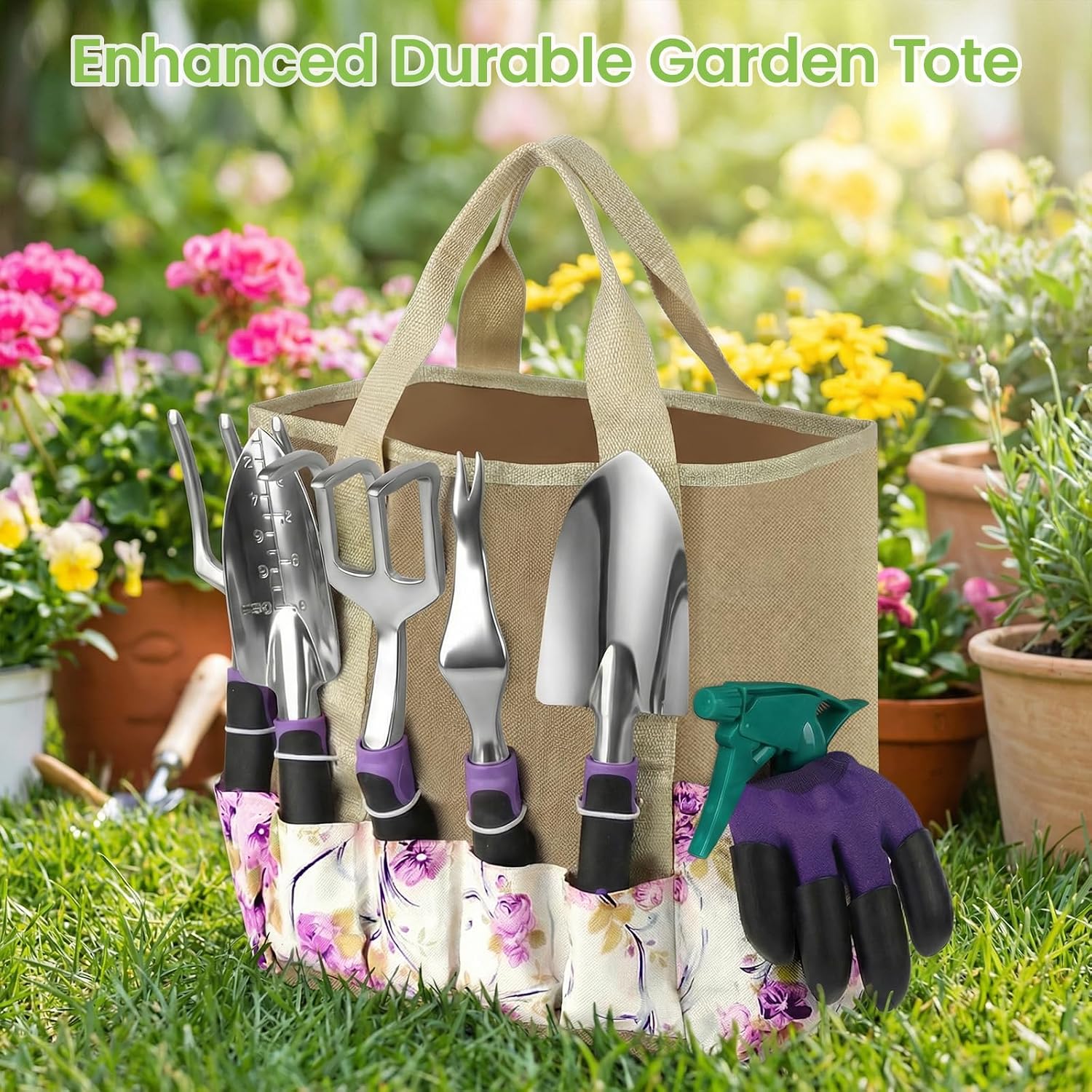 Garden Tools Set, 30 Piece Stainless Steel Gardening Kit with Vintage Floral Tote Bag, Non-Slip Ergonomic Rubber