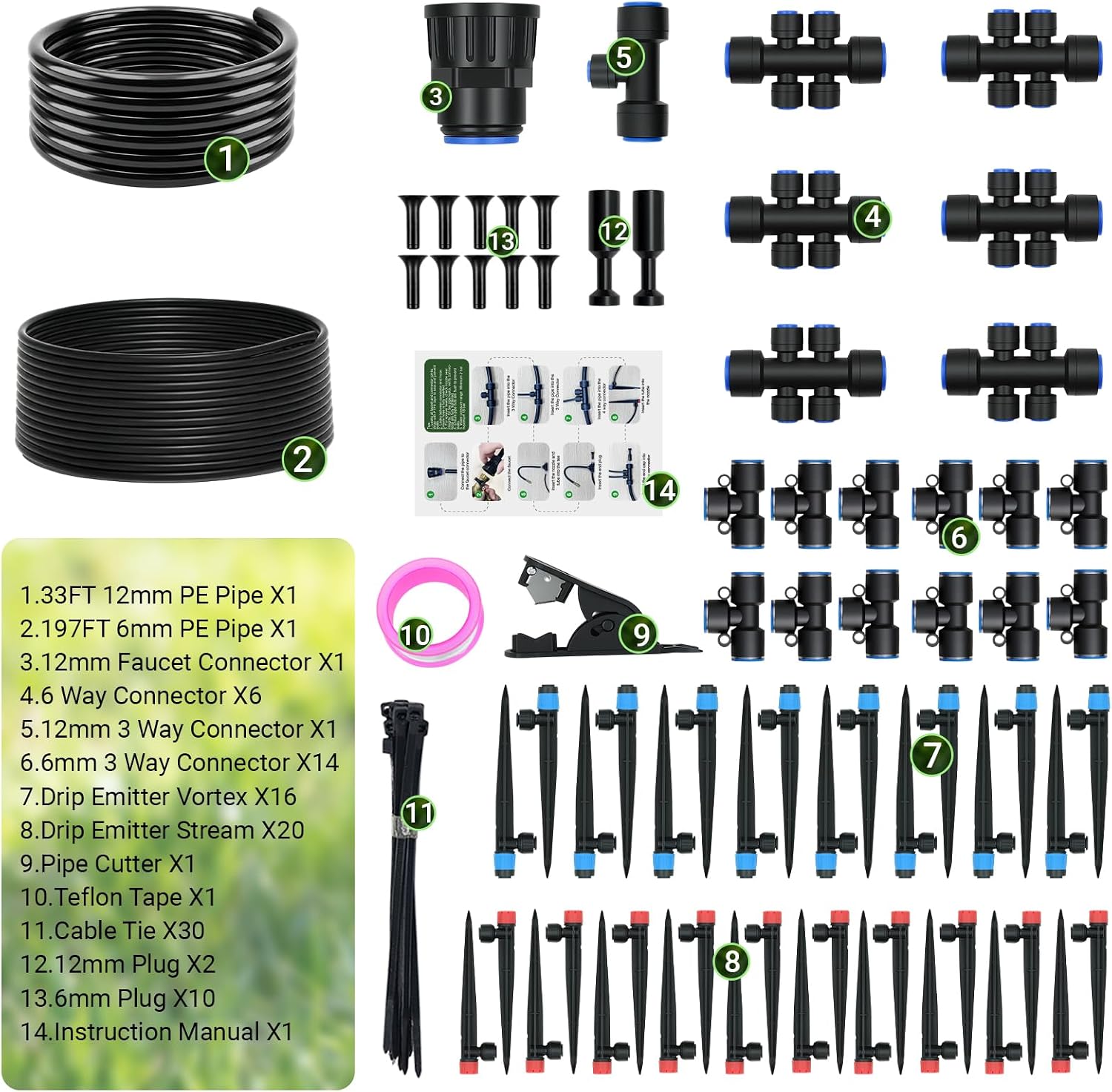 230FT Drip Irrigation Kit with 36 Adjustable Emitters, Push-Fit System | Extra Size Garden Watering System, 36