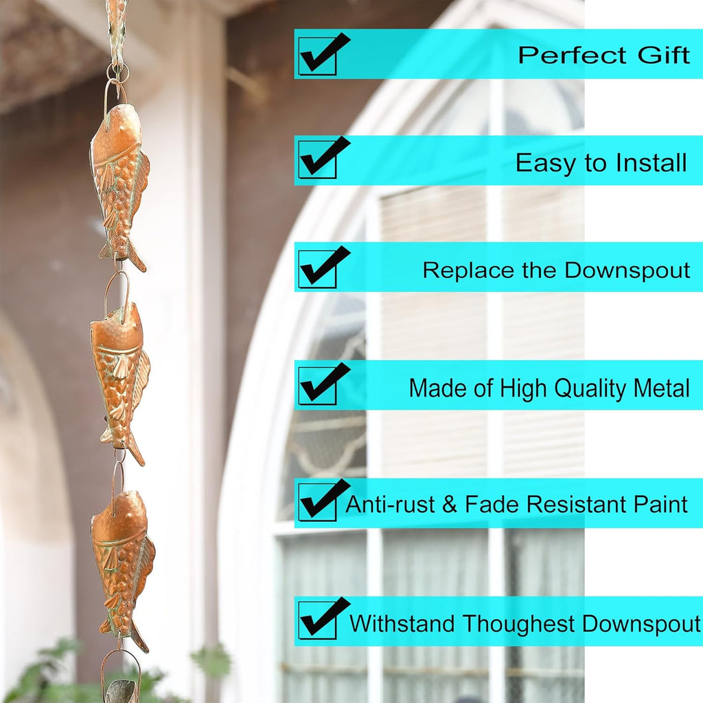 Copper Patina Rain Chain with Rainbow Trout for Heavy Rain, Functional and Decorative Replacement Downspout Chain for